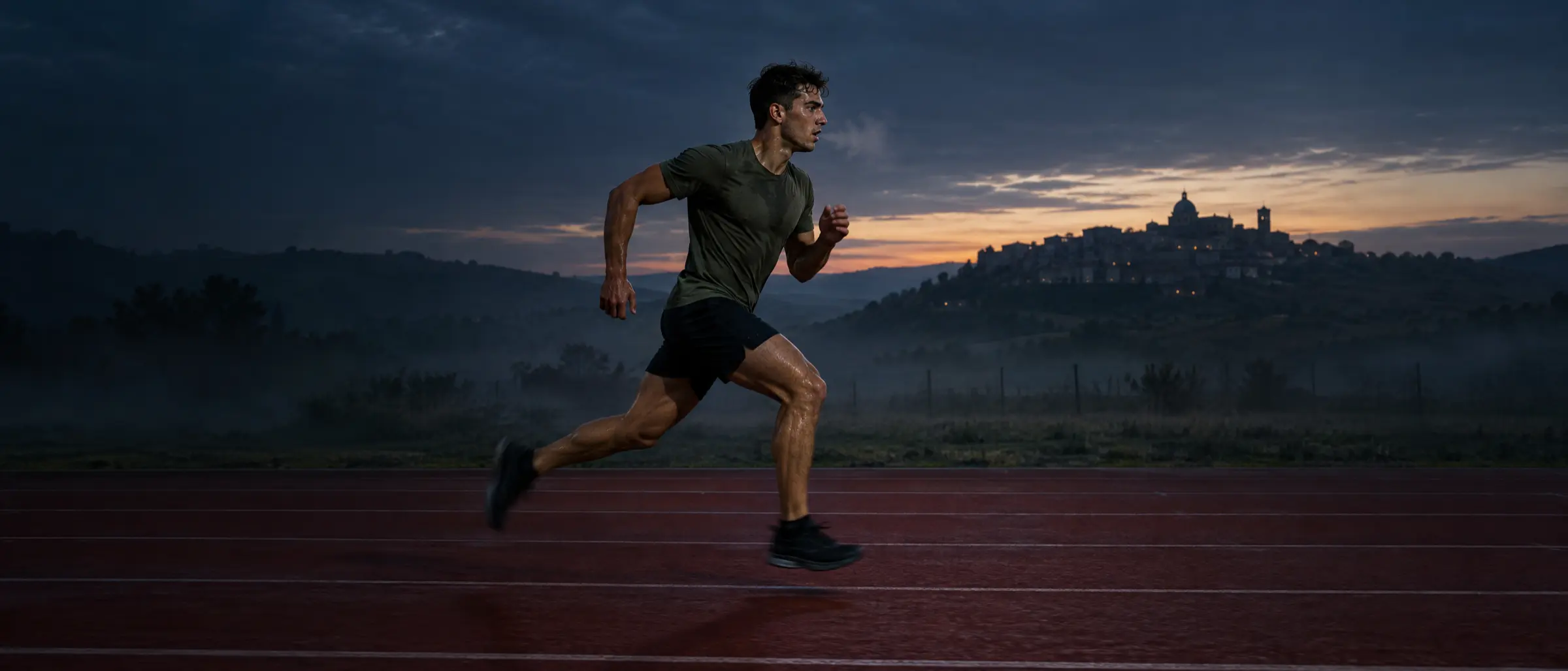 Immagine illustrativa: un ragazzo corre su una pista di atletica prima dell'alba