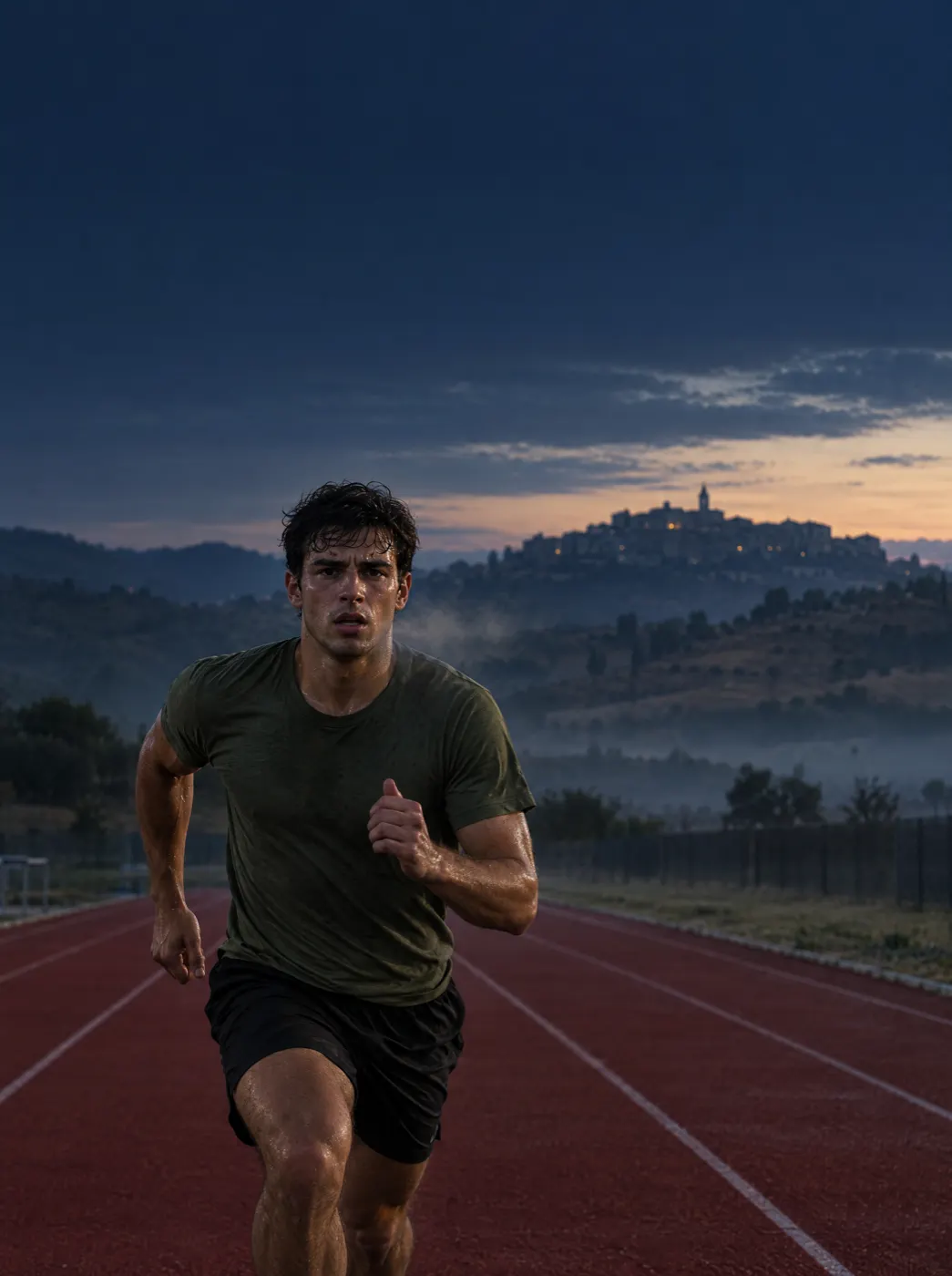 Immagine illustrativa: un ragazzo corre su una pista di atletica all'alba, con un paese sulla collina alle spalle