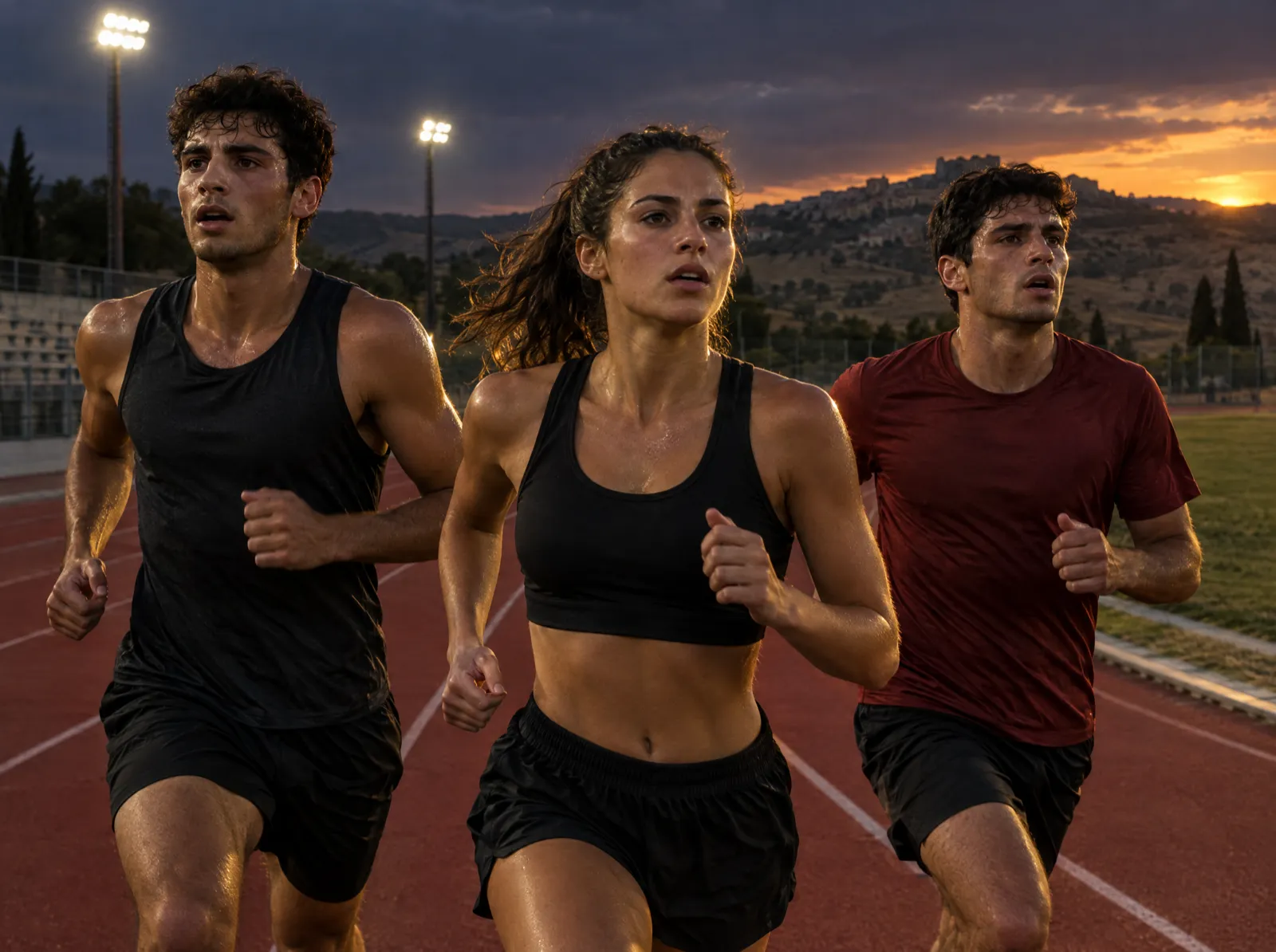 Immagine illustrativa: tre ragazzi corrono insieme su una pista di atletica al tramonto