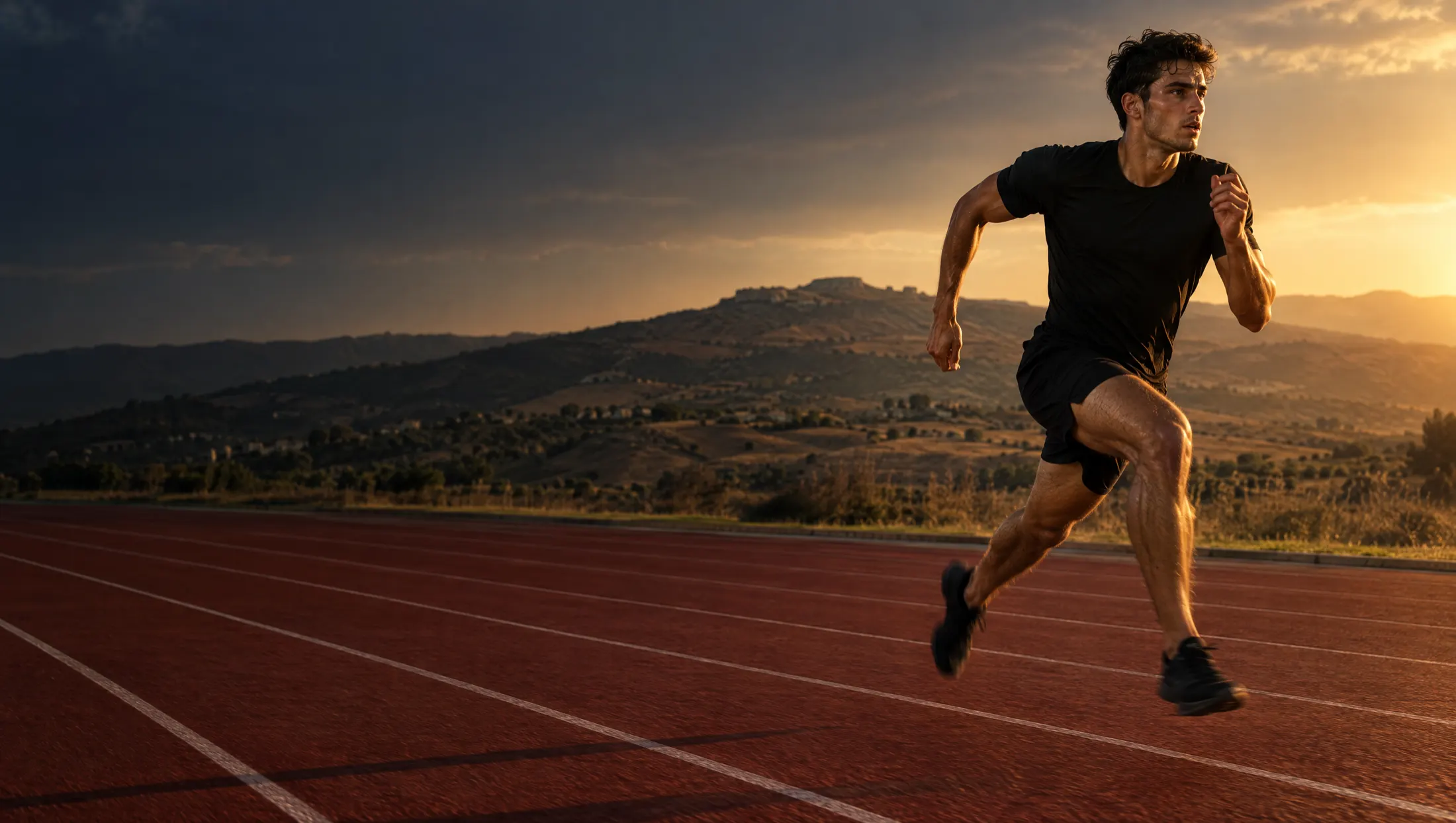 Un ragazzo corre sulla pista di atletica al tramonto